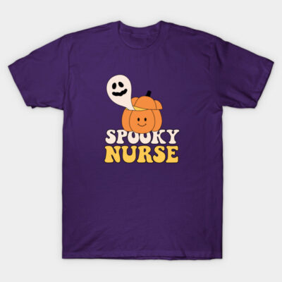 Purple Halloween-themed t-shirt with "Spooky Nurse" text, featuring pumpkin and ghost graphics. Fun, festive design.