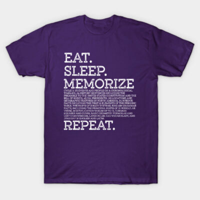 Purple cotton t-shirt with "Eat. Sleep. Memorize. Repeat." text design, casual style, perfect for everyday wear.