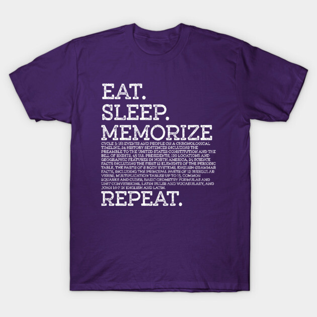 Purple cotton t-shirt with "Eat. Sleep. Memorize. Repeat." text design, casual style, perfect for everyday wear.