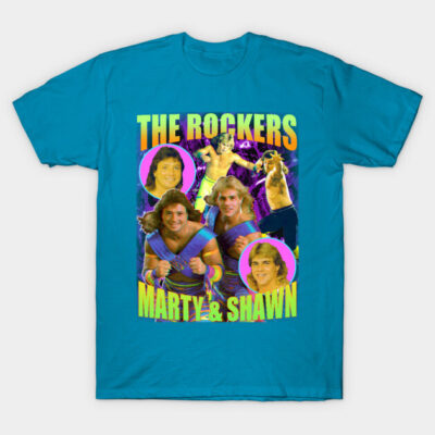 Teal graphic t-shirt featuring retro wrestling duo design, vibrant colors, casual style, perfect for fans and collectors.