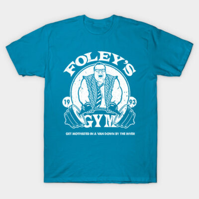 Blue graphic t-shirt with "Foley's Gym" print, featuring a humorous design, ideal for casual wear or gym enthusiasts.