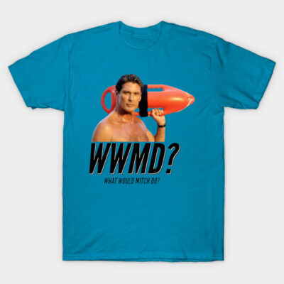 Teal graphic T-shirt with "WWMD?" text, featuring beach theme. Casual wear, cotton material, summer style.