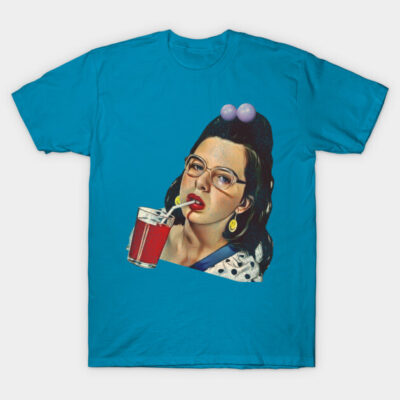 Turquoise graphic t-shirt with retro style print, featuring a woman drinking from a straw. Cotton material, casual wear.
