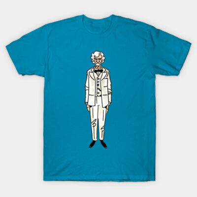 Blue graphic t-shirt with illustrated character in white suit, casual wear, 100% cotton.
