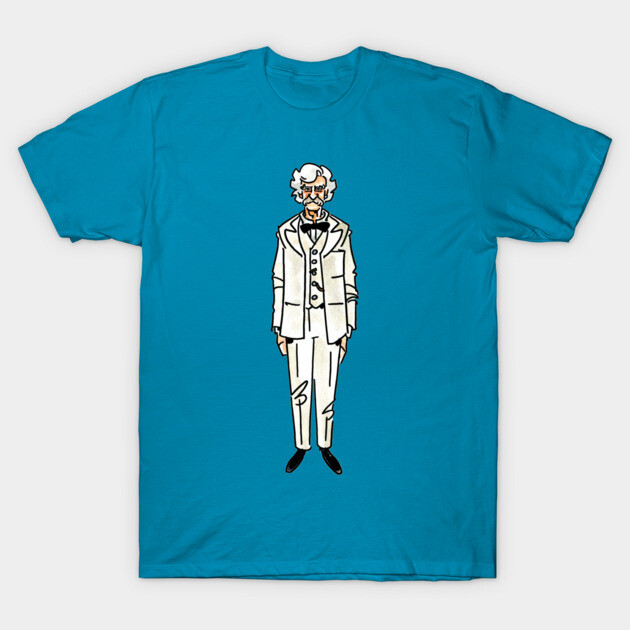 Blue graphic t-shirt with illustrated character in white suit, casual wear, 100% cotton.