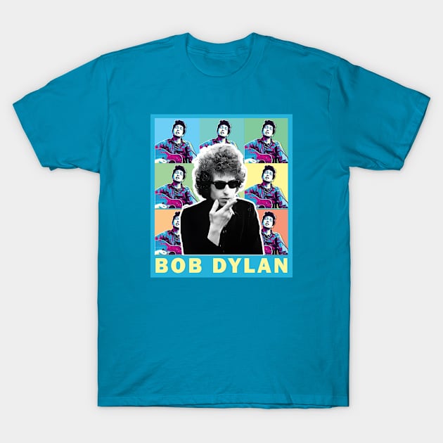 Teal graphic t-shirt featuring a colorful pop art design with text, ideal for casual wear and music enthusiasts.