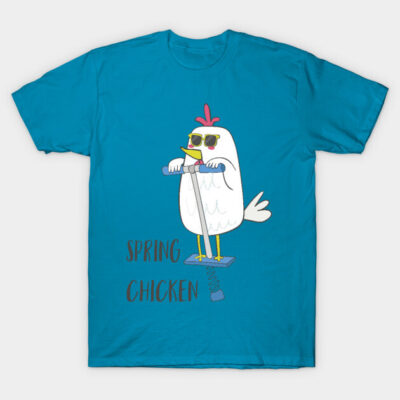 Blue t-shirt with "Spring Chicken" print, featuring a cartoon chicken on a scooter, casual and fun design.