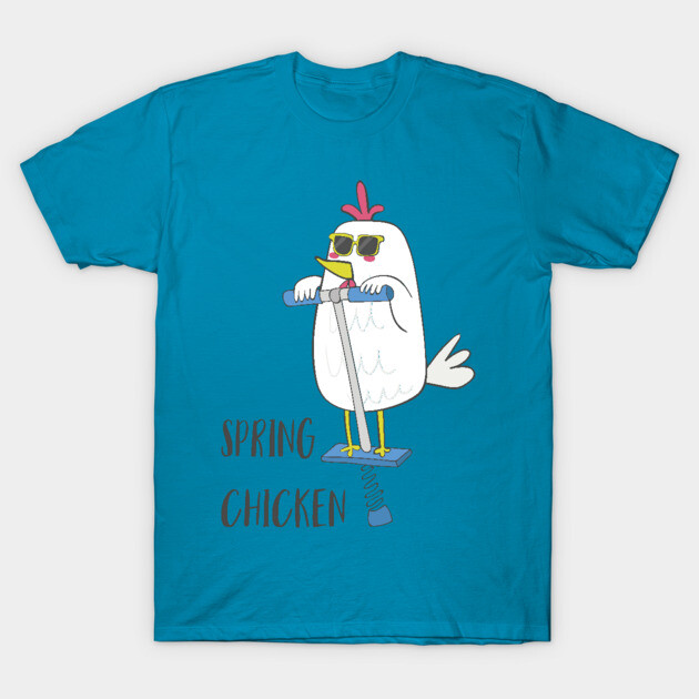 Blue t-shirt with "Spring Chicken" print, featuring a cartoon chicken on a scooter, casual and fun design.