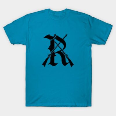 Blue t-shirt with black letter and rifles design, casual style, 100% cotton, ideal for everyday wear.