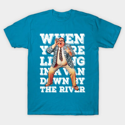 Blue graphic t-shirt with humorous text and cartoon design, ideal for casual wear. 100% cotton, unisex fit.