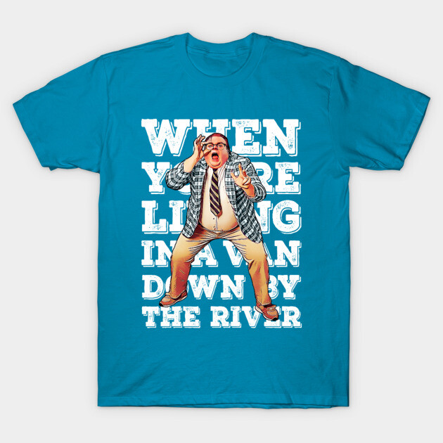 Blue graphic t-shirt with humorous text and cartoon design, ideal for casual wear. 100% cotton, unisex fit.