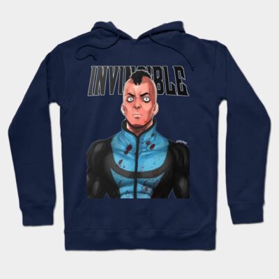 Navy blue hoodie with bold graphic and "Invincible" text, perfect for casual wear, made from soft, durable fabric.