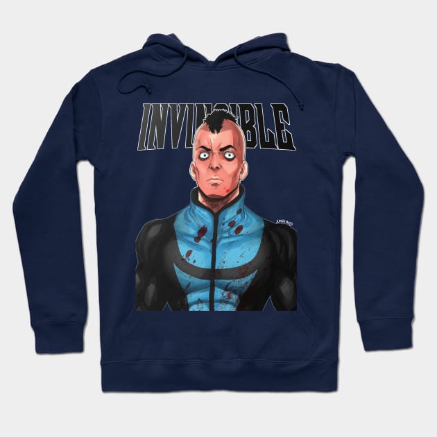 Navy blue hoodie with bold graphic and "Invincible" text, perfect for casual wear, made from soft, durable fabric.