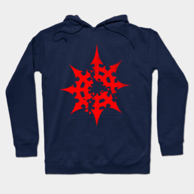 Navy blue hoodie with bold red abstract star design, perfect for casual wear, made from soft cotton blend fabric.