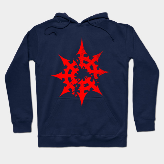 Navy blue hoodie with bold red abstract star design, perfect for casual wear, made from soft cotton blend fabric.