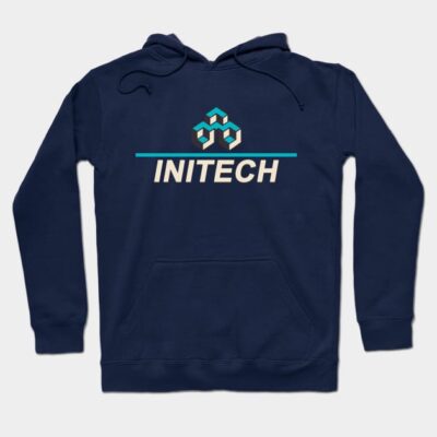 Navy blue Initech logo hoodie, comfortable cotton blend, casual style, perfect for everyday wear.