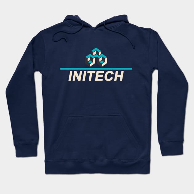 Navy blue Initech logo hoodie, comfortable cotton blend, casual style, perfect for everyday wear.
