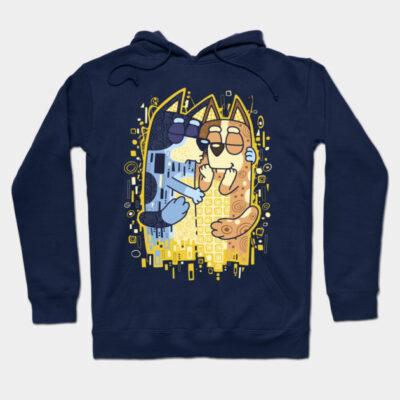 Navy blue hoodie with playful abstract dog design, featuring vibrant yellow and blue tones. Cozy, casual wear for all seasons.