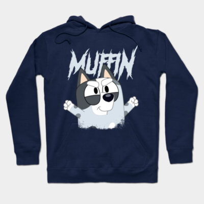Navy hoodie with cartoon dog graphic and "Muffin" text, cozy fleece fabric, casual wear, unisex design.