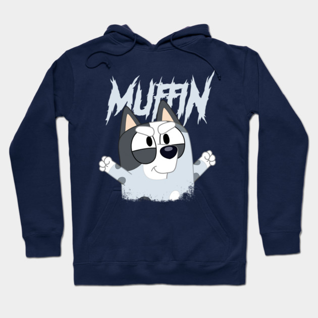 Navy hoodie with cartoon dog graphic and "Muffin" text, cozy fleece fabric, casual wear, unisex design.