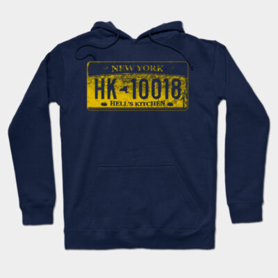 Navy blue hoodie with yellow New York license plate graphic, casual style, cotton blend, unisex, comfortable fit.