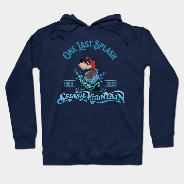 Navy blue hoodie with "One Last Splash" design, featuring water and text, celebrating Splash Mountain ride, cotton material.