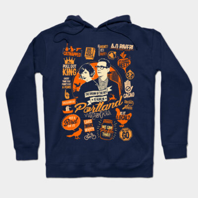 Navy blue graphic hoodie with Portland-themed design, perfect for casual wear, soft cotton material, unisex style.