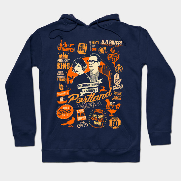 Navy blue graphic hoodie with Portland-themed design, perfect for casual wear, soft cotton material, unisex style.