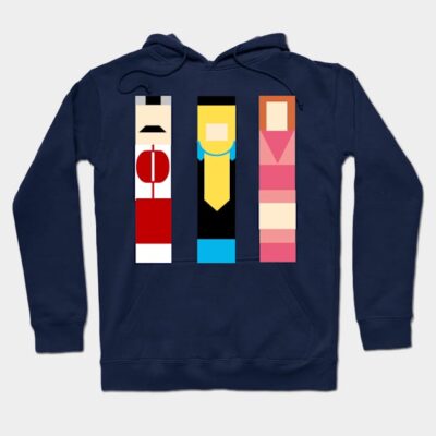 Navy blue hoodie with retro geometric print, casual wear, soft cotton blend, unisex style, perfect for everyday use.