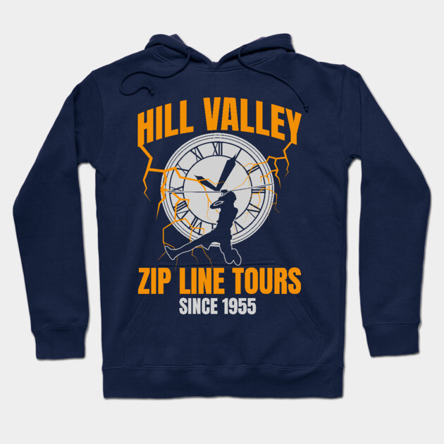 Navy hoodie with "Hill Valley Zip Line Tours" graphic, featuring clock design. Comfortable cotton blend casual wear.