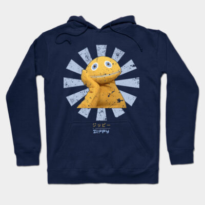 Navy blue hoodie with a graphic yellow character design, ideal for casual wear, made from soft cotton blend.