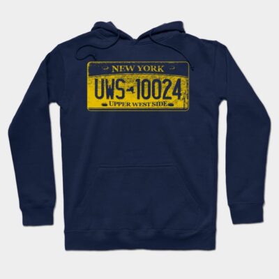Navy blue hoodie with vintage New York license plate design, featuring yellow and black accents, casual streetwear style.