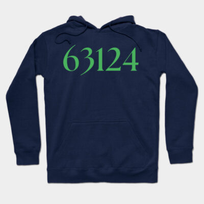 Navy blue hoodie with green "63124" print, featuring a drawstring hood and front pocket, ideal for casual wear.