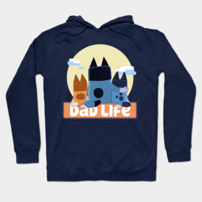 Navy blue hoodie with "Dad Life" graphic, featuring cartoon dogs. Cozy cotton blend, perfect for casual wear.