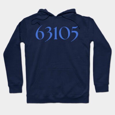 Navy blue hoodie with "63105" print, casual style, soft cotton material, perfect for everyday wear.