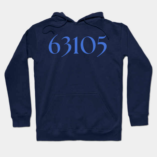 Navy blue hoodie with "63105" print, casual style, soft cotton material, perfect for everyday wear.