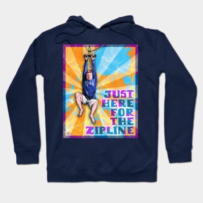 Navy blue hoodie with colorful zipline graphic and "Just Here for the Zipline" text, cotton blend, casual wear.