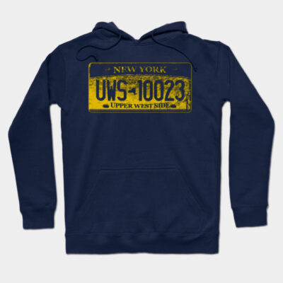 Navy blue hoodie with yellow New York license plate design, featuring text "UWS-10023 Upper West Side," cotton material.