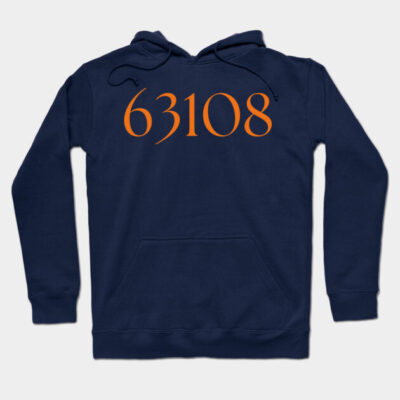 Navy blue hoodie with orange 63108 print, featuring a front pocket and adjustable hood, perfect for casual wear.