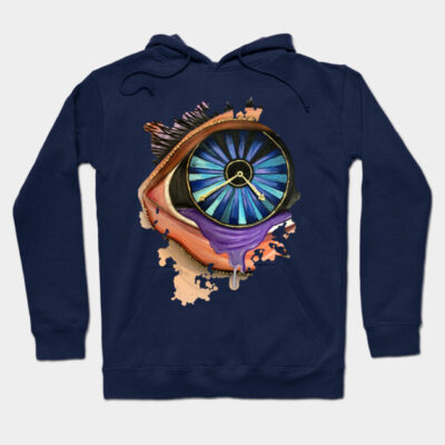 Navy blue hoodie with abstract eye and clock design, artistic style, casual wear, cotton blend material.