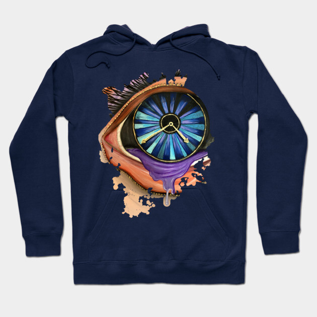 Navy blue hoodie with abstract eye and clock design, artistic style, casual wear, cotton blend material.
