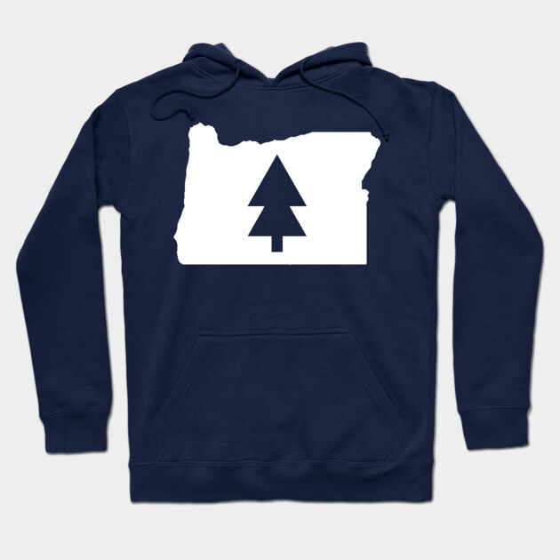 Navy blue hoodie with white tree and map print, cozy cotton blend, ideal for casual wear and outdoor activities.