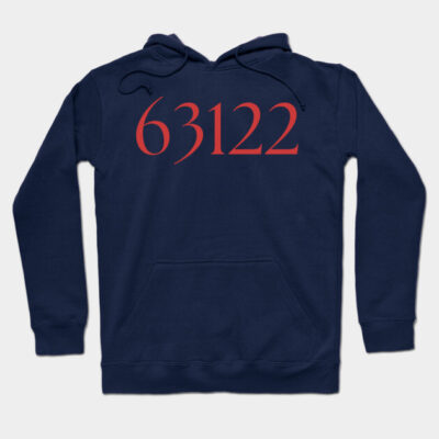 Navy blue hoodie with bold red "63122" print, casual style, made from soft cotton for comfortable everyday wear.