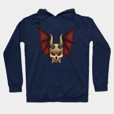 "Dark blue hoodie with skull and bat wings design, casual wear, cotton blend, street style, unisex fashion"
