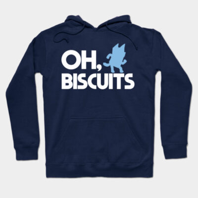 Navy blue hoodie with "Oh, Biscuits" text and cartoon graphic, casual wear, cozy cotton blend material.