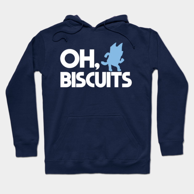 Navy blue hoodie with "Oh, Biscuits" text and cartoon graphic, casual wear, cozy cotton blend material.