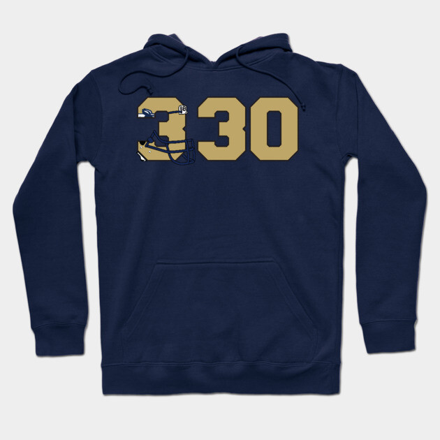 Navy blue hoodie with bold gold "330" print, featuring front pocket and drawstring hood, ideal for casual wear.