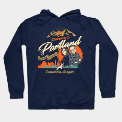 Navy blue Portland graphic hoodie, retro design, cozy cotton blend, unisex casual wear, perfect for cool weather.