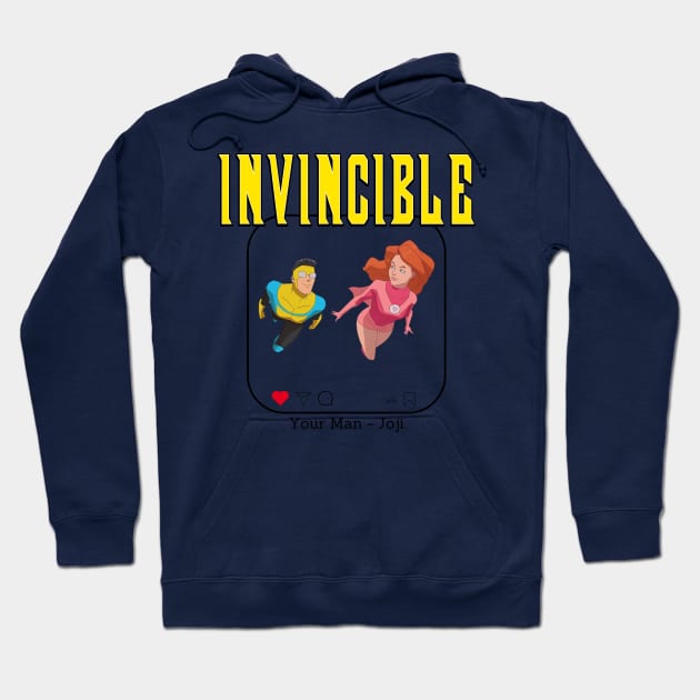 Navy blue hoodie with "Invincible" text and superhero graphic, cotton material, casual style, unisex design.