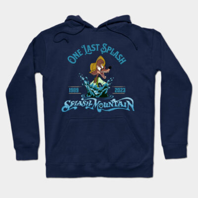 Navy blue "One Last Splash" hoodie, graphic print, cotton blend, Splash Mountain theme, casual wear, unisex.